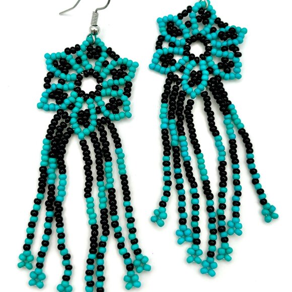3 1/2" Boho Turquoise & Black Flower Tasseled Hand Beaded Tassel Dangle Earrings - Picture 1 of 4